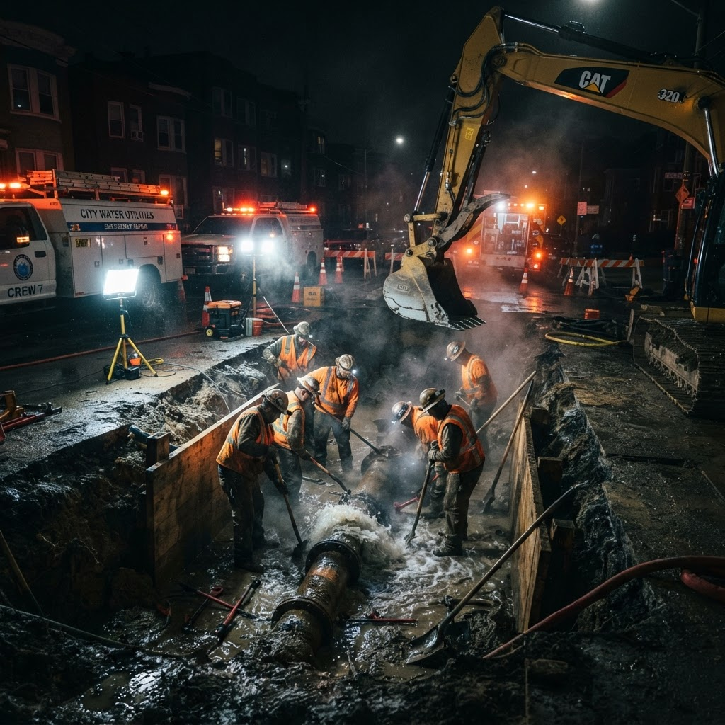 Nighttime emergency water main repair with work lights and an excavator