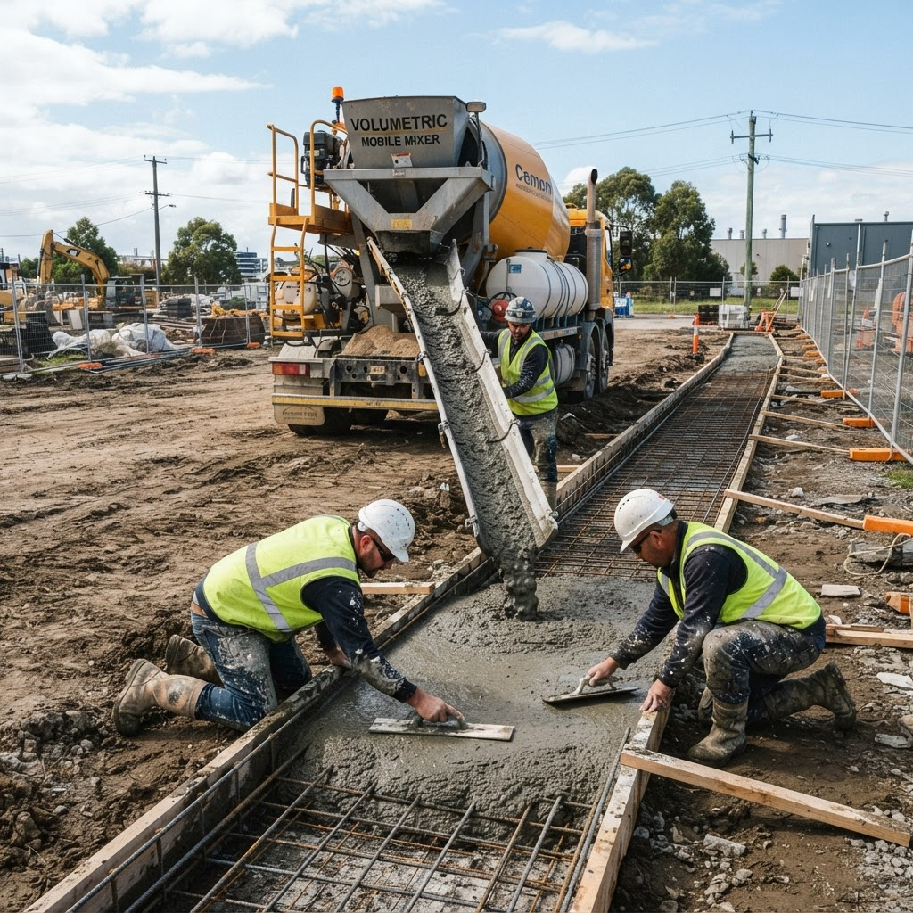 Volumetric concrete truck pouring concrete into a utility trench in New England