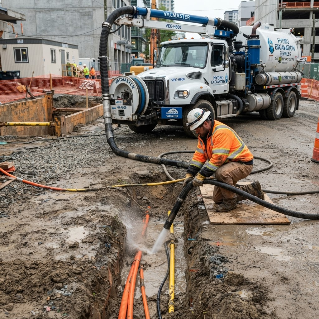 Hydro excavation vacuum truck digging a precise trench near underground utilities in New England