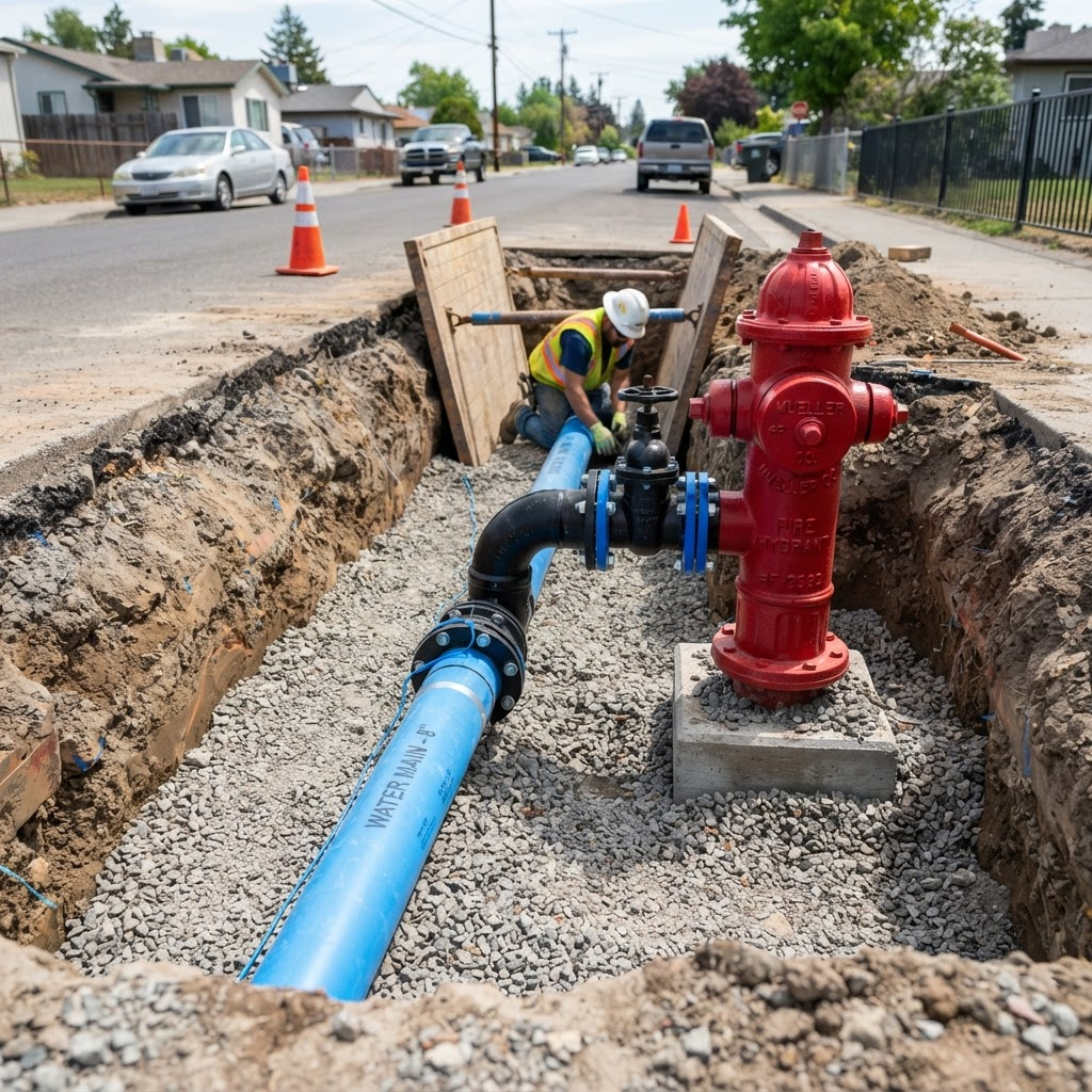 New water main pipe and fire hydrant connection in an open trench — water and sewer utility services in New England
